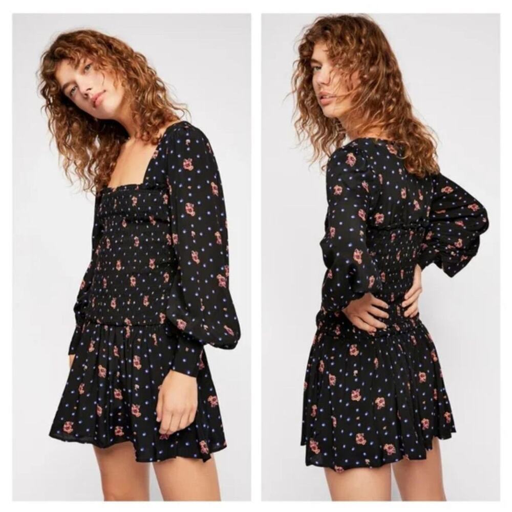 FREE PEOPLE Two Faces Mini Dress Ruched With Floral Print Black Sz Small